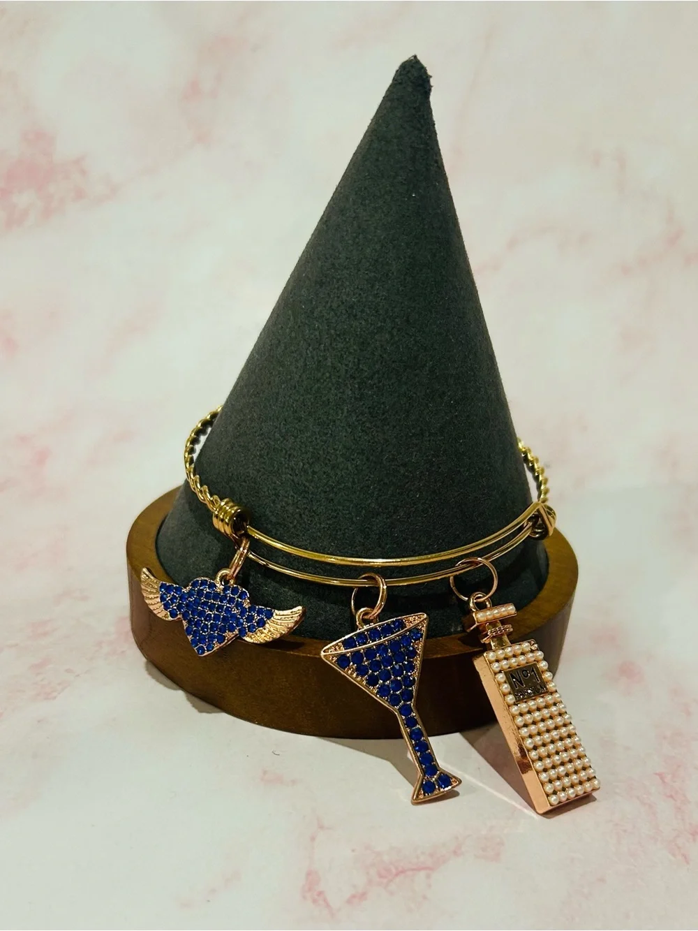 Rose-gold Blue Pave Charm stainless steel Bangle Bracelet